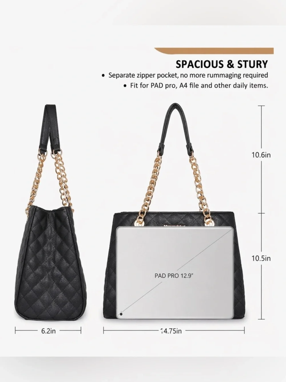 Chic Black Quilted Tote Bag with Gold Chain Handles - Picture 4 of 5